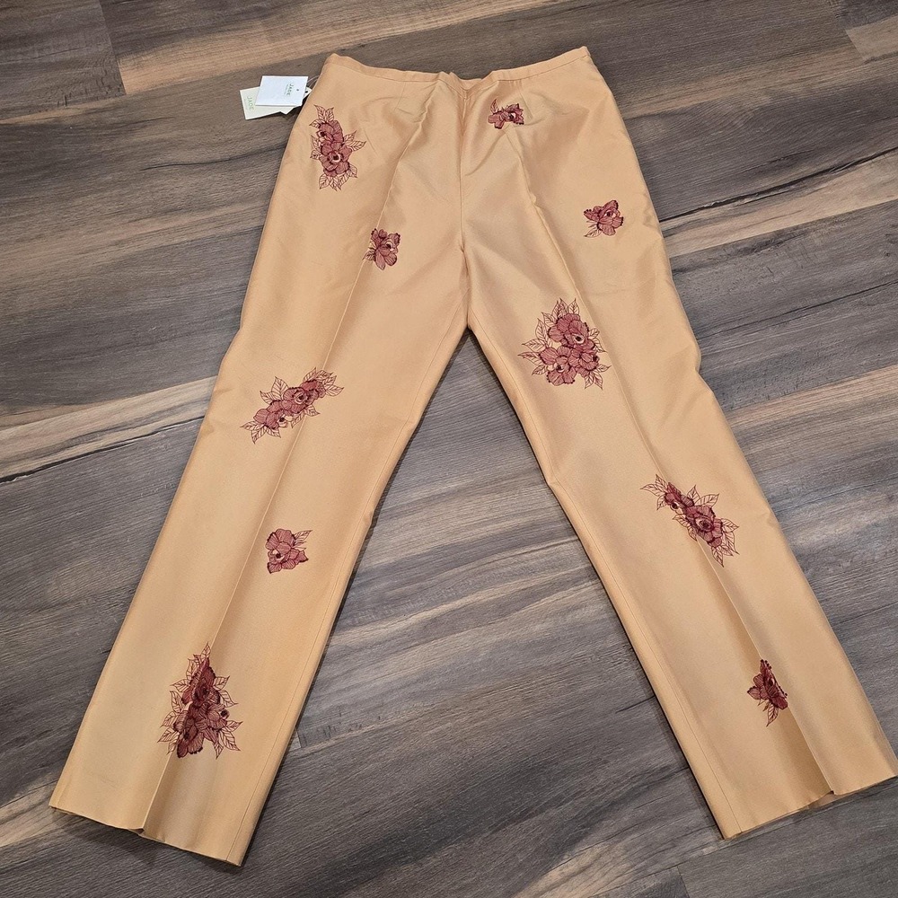Maroon Red Tan Floral Beaded Embroidered Silky Vintage Pants Jade Melody Tam 10